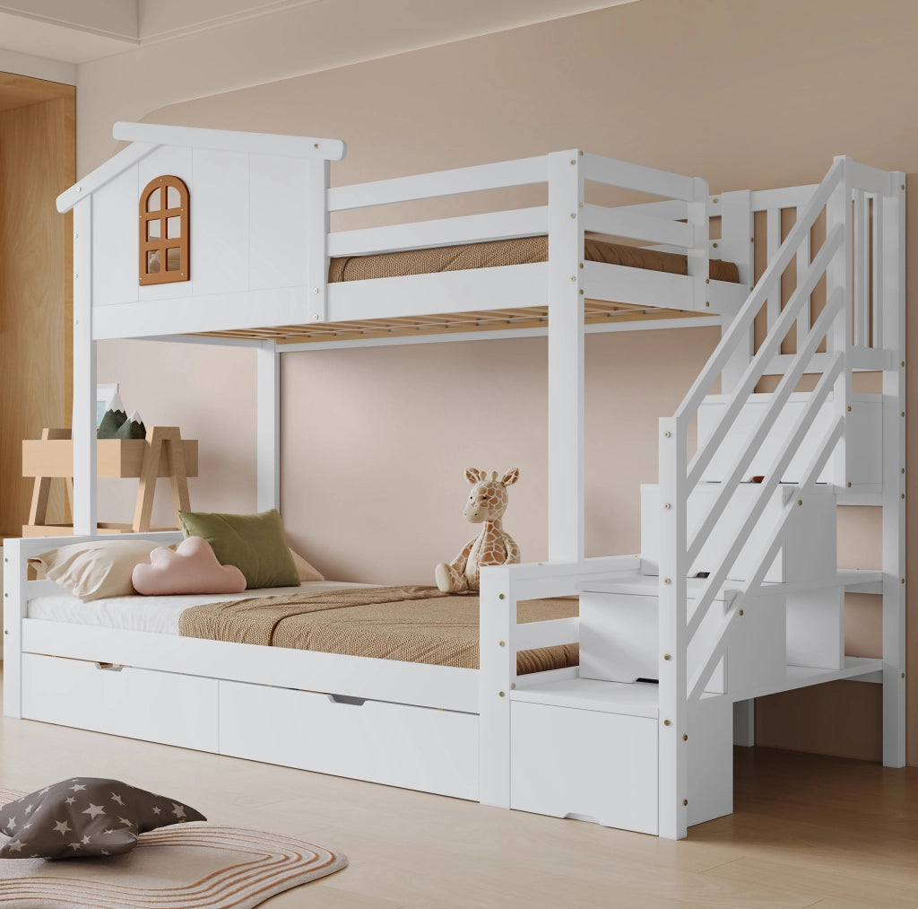 Letto a castello per bambini con 2 cassetti, scala ad angolo e finestre decorative