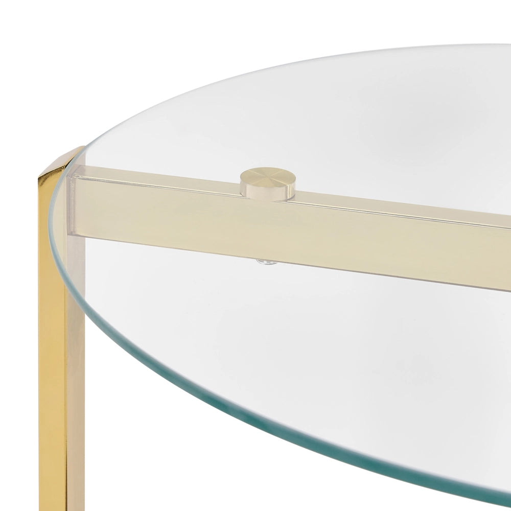 Tavolino moderno piano in vetro temperato con 1 ripiano legno scuro e oro stile moderno