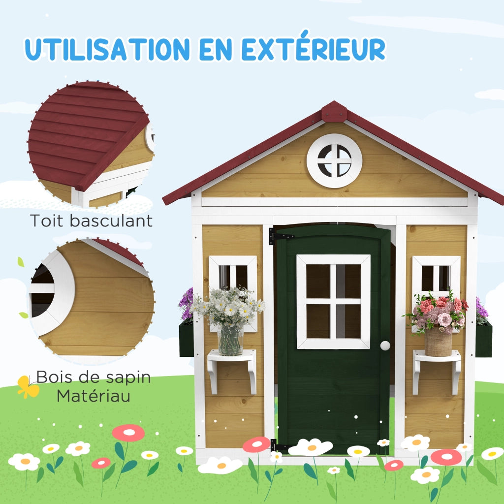 Casetta gioco bambini esterno con finestre e fioriere ¨C Xylo ¨C legno beige 114x126x135 cm