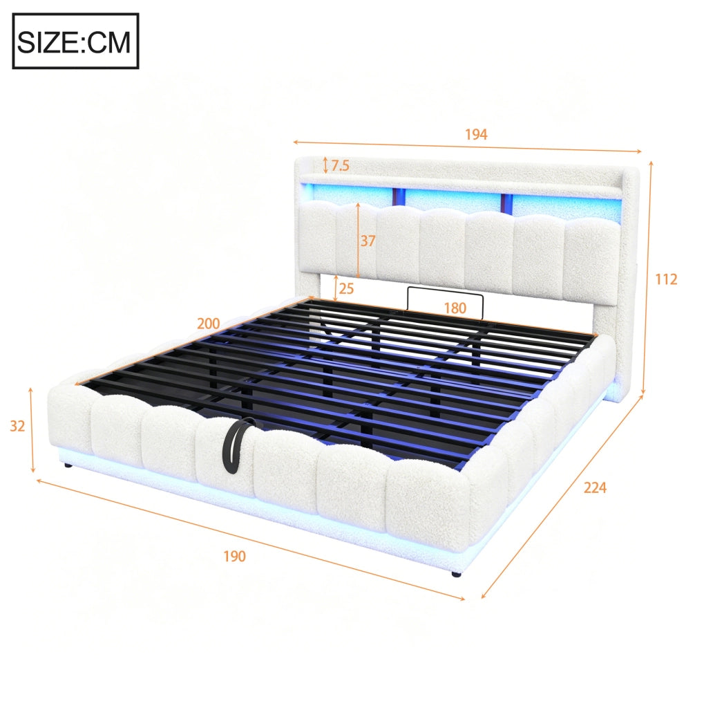 Letto imbottito 180x200 cm con contenitore idraulico; LED e USB; tessuto boucl茅 bianco