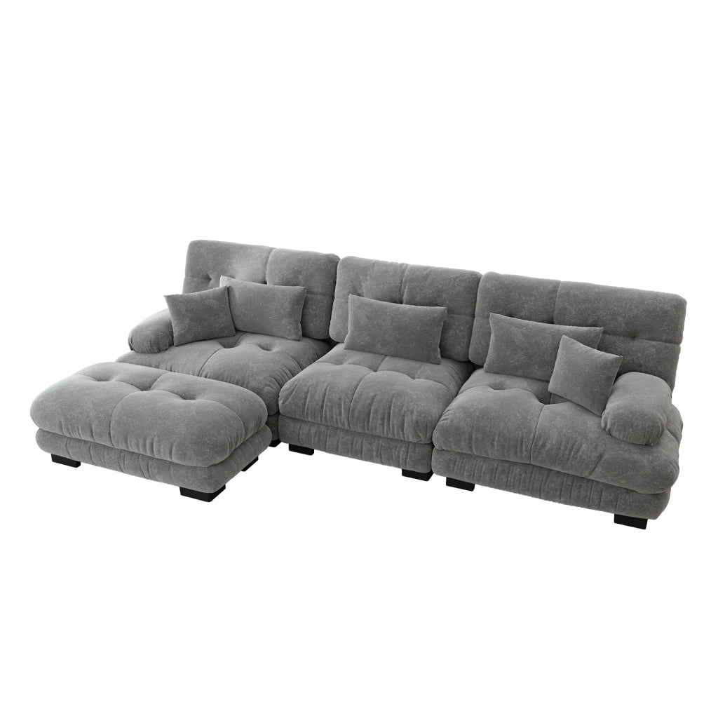 Divano angolare modulare in chenille con seduta profonda, ottomane e cuscini decorativi, grigio per soggiorno