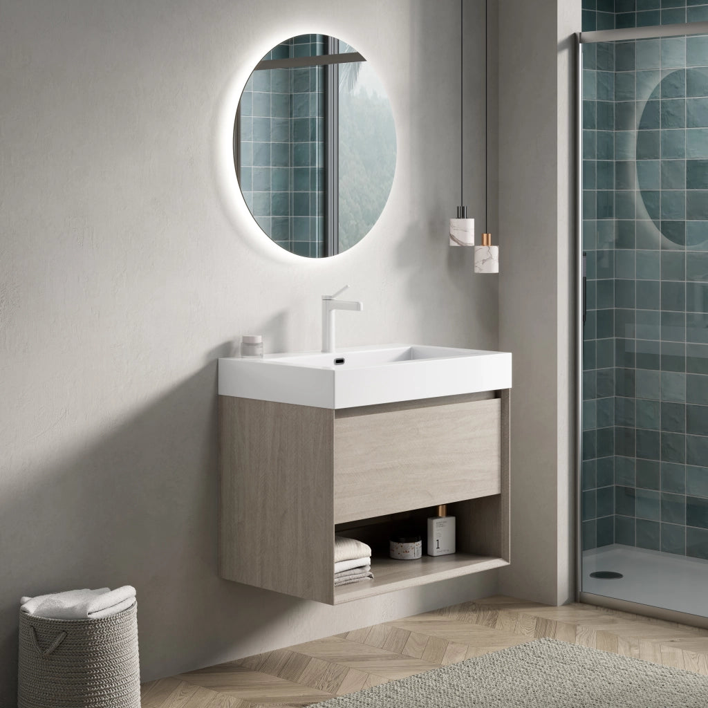 Mobile Bagno Sottolavabo con Lavabo Integrato ¨C MINIMAL ¨C Rovere Chiaro, 70cm, Cassetto, Ripiano, Multistrato
