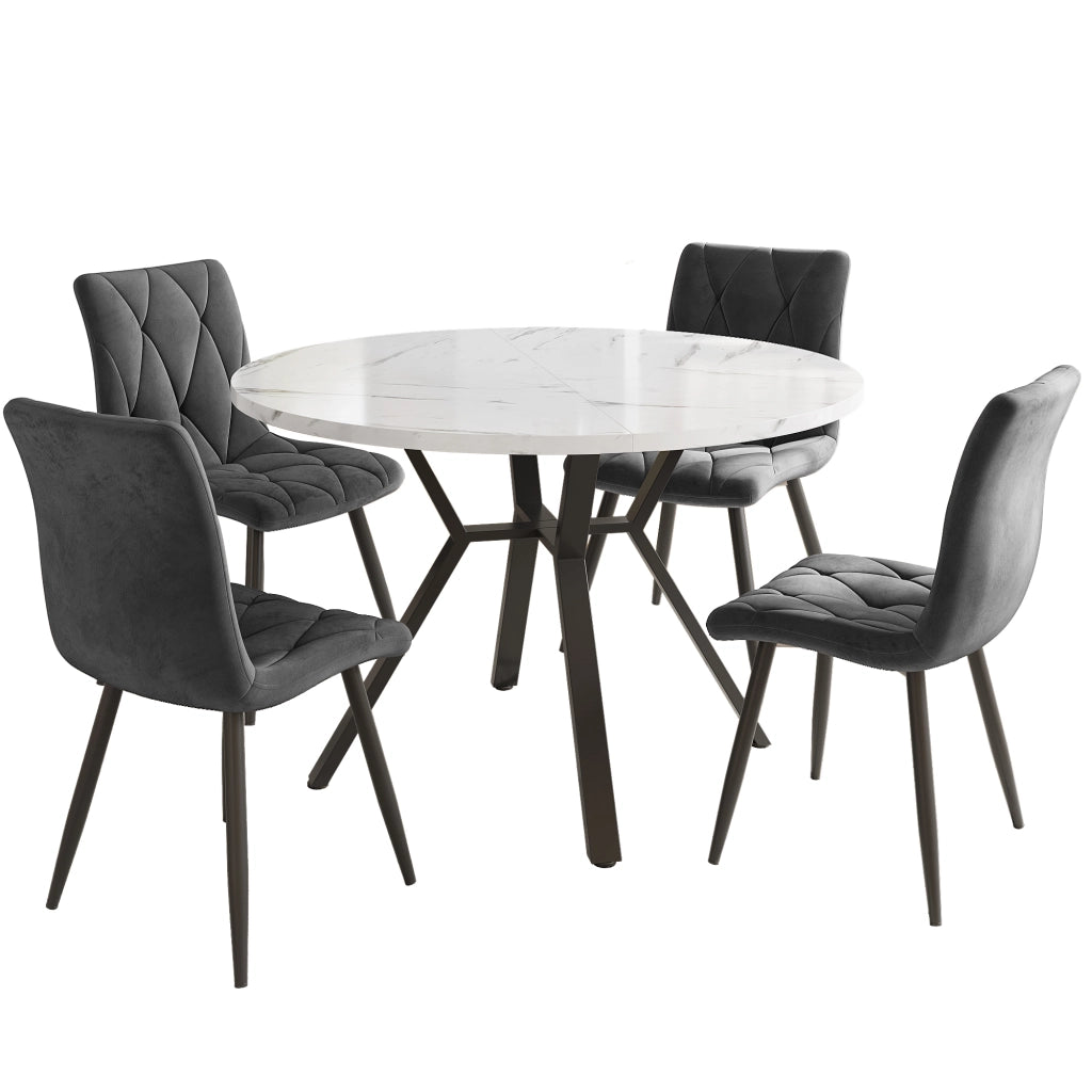 Tavolo da pranzo per 4 persone con piano rotondo effetto marmo, gambe in metallo nero e 4 sedie ergonomiche