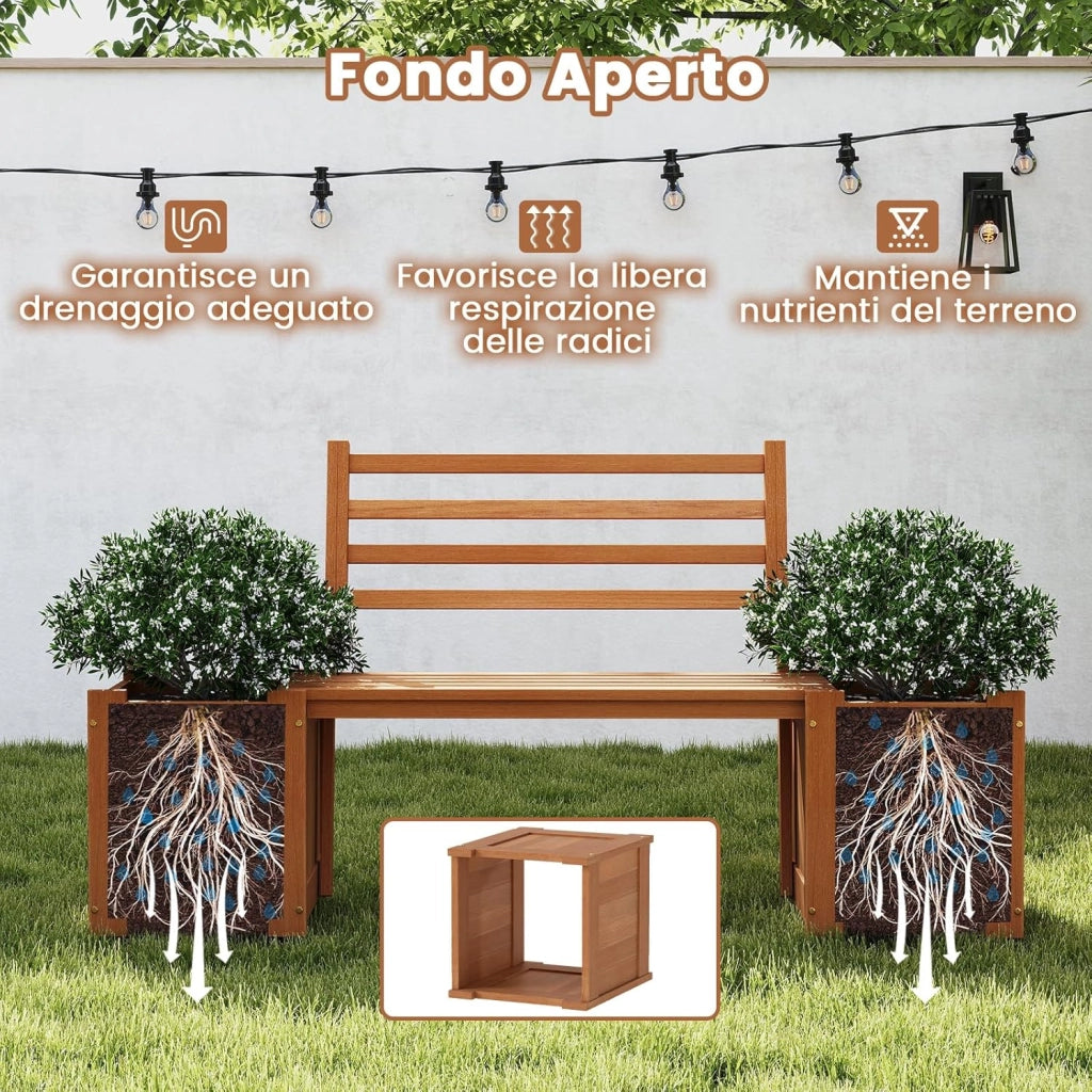 Fioriera da Esterno in Legno con Panca, Panchina da Giardino con 2 Fioriere, Schienale, Base Aperta e Finitura ad Olio di Teak, Contenitore Decorativo per Piante da Cortile e Balcone