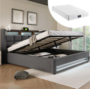 Letto matrimoniale imbottito 160x200 cm con LED e USB; in tessuto effetto lino grigio