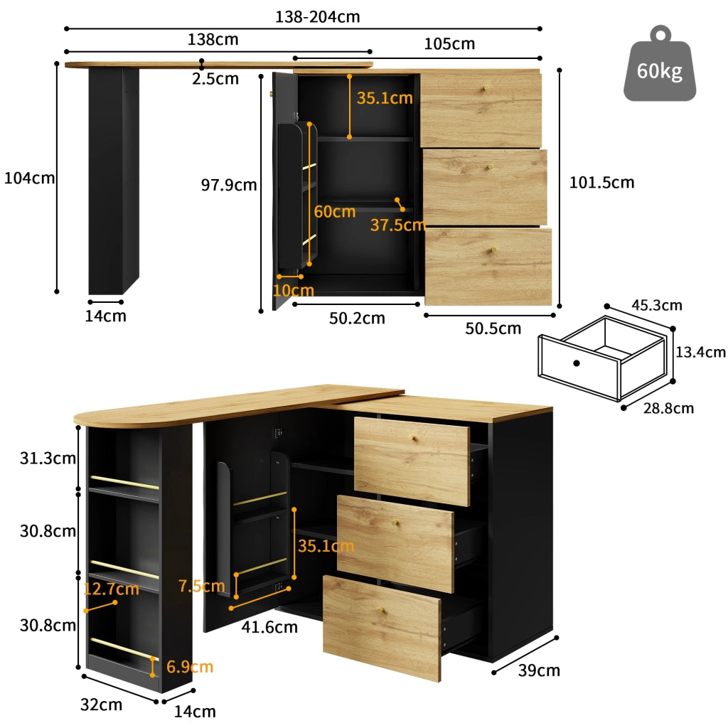 OKWISH Tavolo da Bar con 3 Cassetti e 5 Ripiani, Piano Girevole ed Estensibile, per Cucina e Soggiorno, Nero, 138-204×39×104 cm