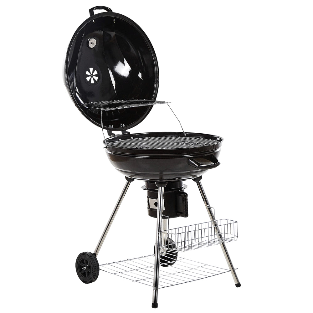 Bollitore per barbecue a carbonella in acciaio Nero con coperchio con ruote per griglia da cucina con termometro