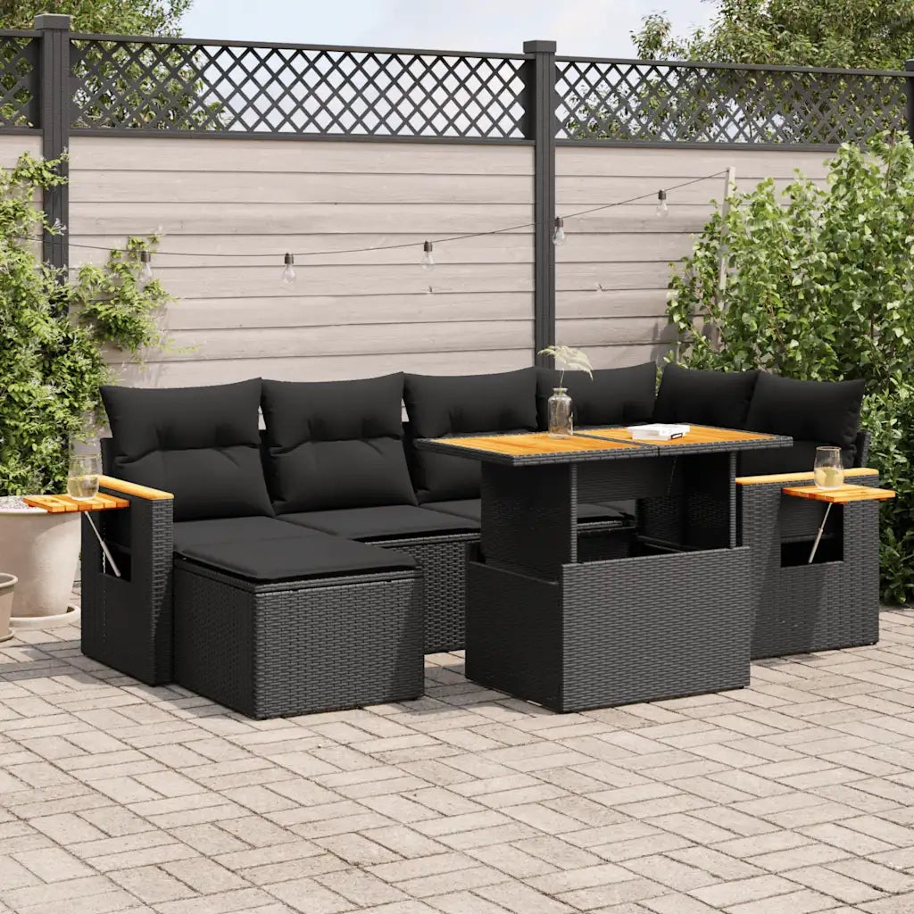 Set Divani da Giardino con Cuscini 7pz Nero Polyrattan Acacia