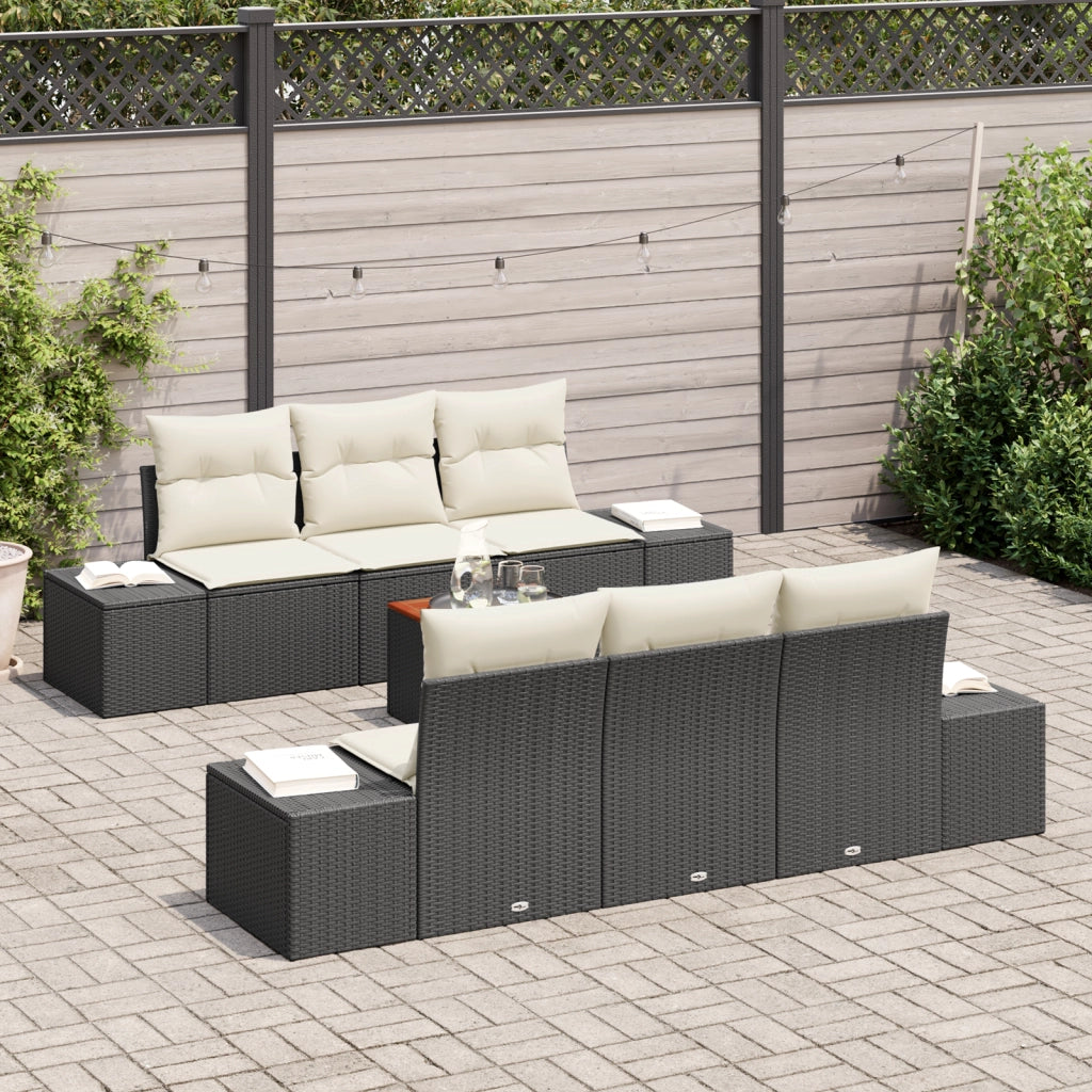 Set di Divani da Giardino in 7 Pezzi con Cuscini Nero Polyrattan Acacia