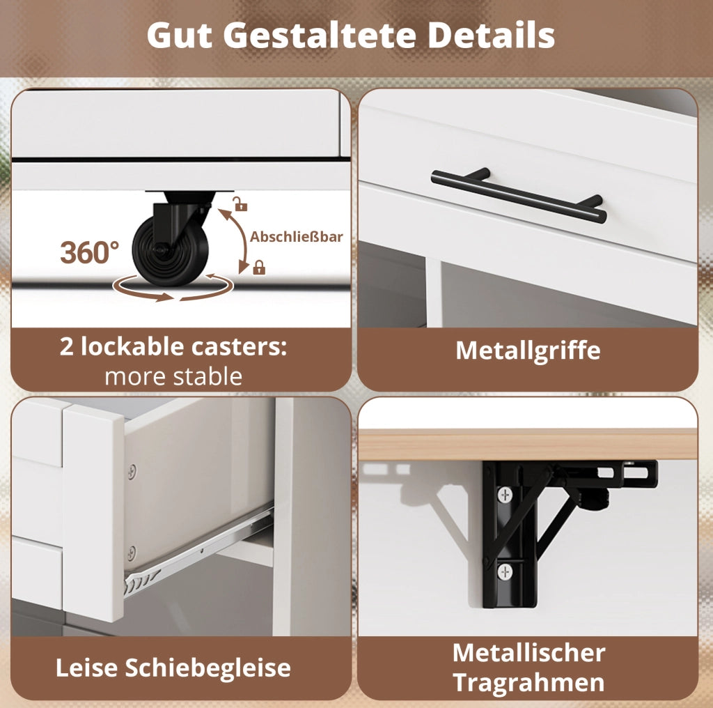 Carrello cucina con piano ribaltabile e portabottiglie, bianco