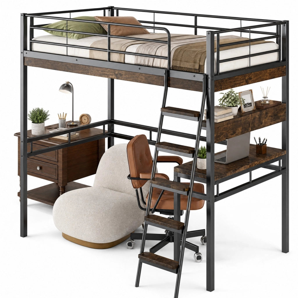 Letto a soppalco 90x200 cm con scrivania e ripiani, nero