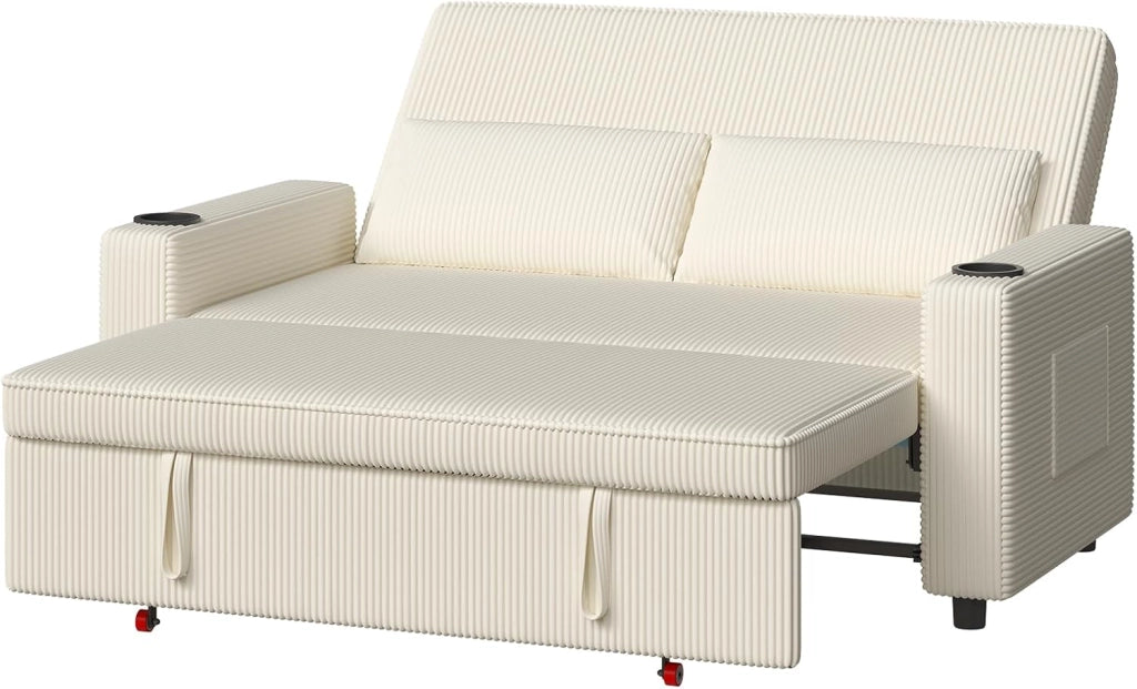 Divano Letto 2 Posti in Velluto Divano Matrimoniale Prontoletto Estraibile con Schienale Regolabile in 5 Posizioni per Soggiorno, Camera da Letto o Ufficio, 69P x 141L x 88H cm, Beige
