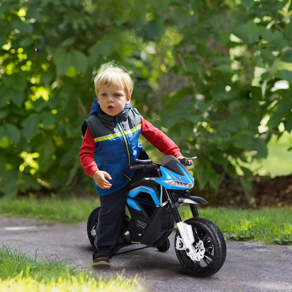 Moto Elettrica per Bambini da 6V con Rotelle e Fari, in PP e Metallo, 105x52.3x62.3 cm, Azzurro e Nero