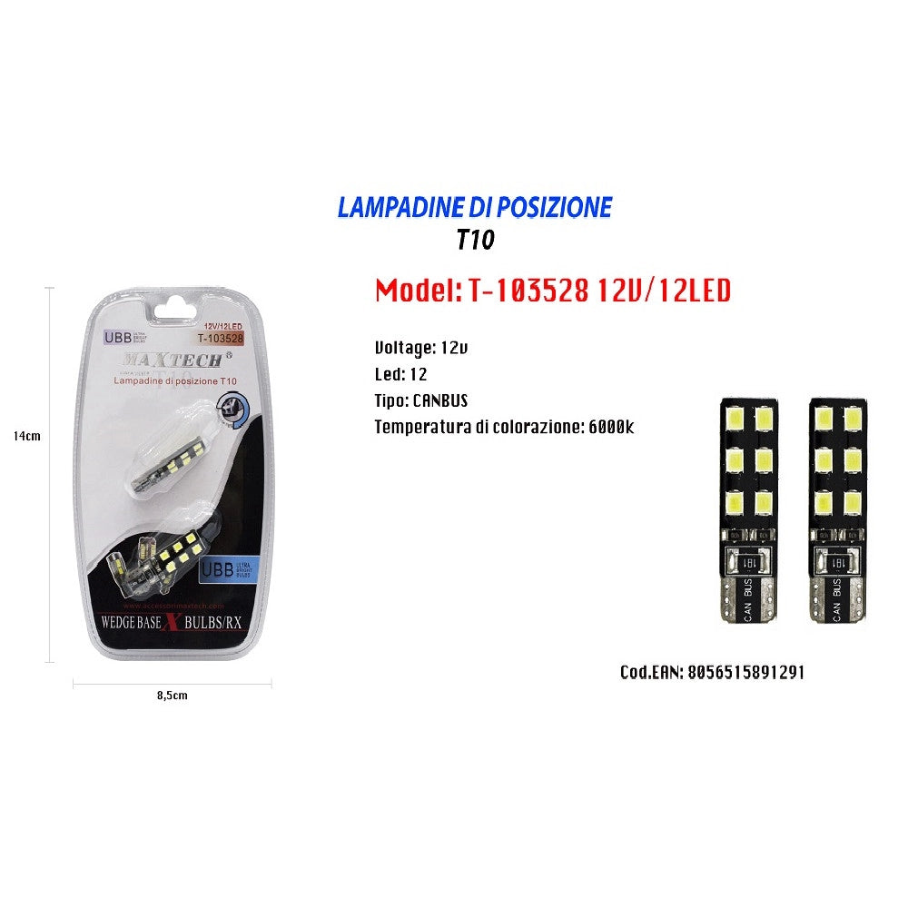 Trade Shop - Lampadina Di Posizione T10 Maxtech T-103528 12v 12led Canbus 6000k Ultra Luminose -