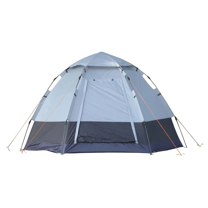 TENDA DA CAMPEGGIO 4 POSTI CON APERTURA AUTOMATICA E ACCESSORI, IN ACCIAIO E TESSUTO OXFORD, GRIGIA E NERA