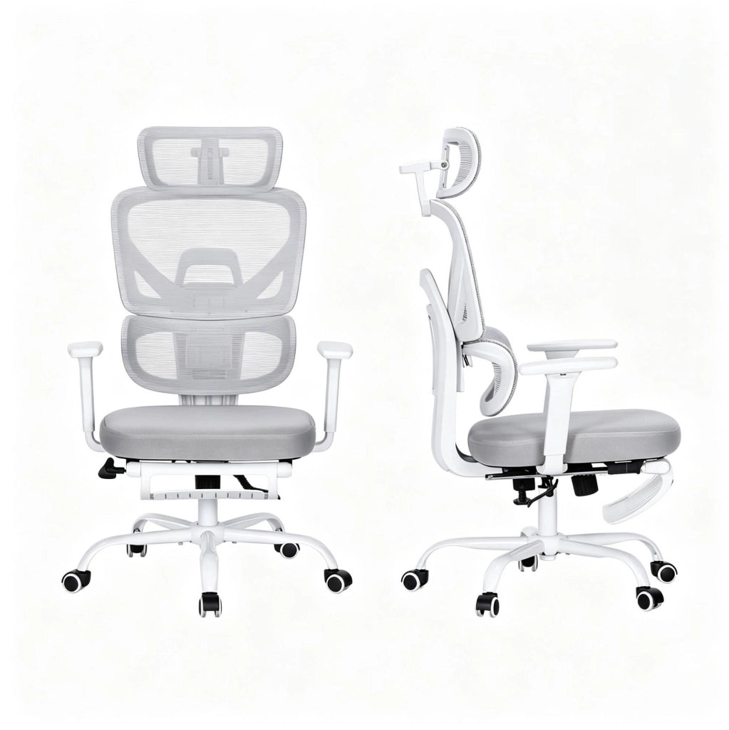 Sedia da ufficio ergonomica grigia con poggiapiedi e rete