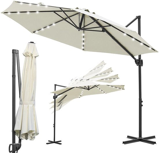 Ombrellone da Sole 300CM Beige - Illuminazione Solare a LED - Altezza Regolabile - Rotazione 360° - Impermeabile - UV 50+