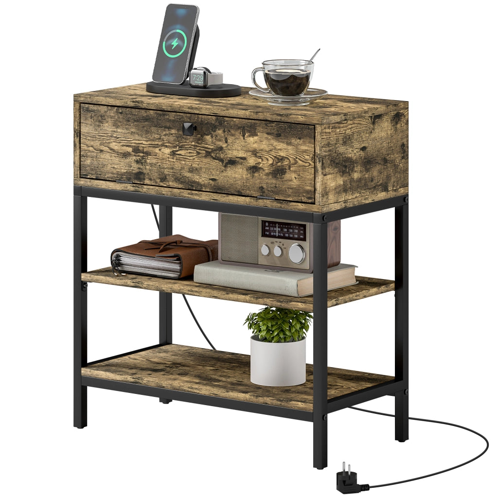 Tavolino da Salotto con Cassetto, Ripiani e Prese USB ¨C Zephmum ¨C Marrone R¨²stico 60x30x66,5 cm