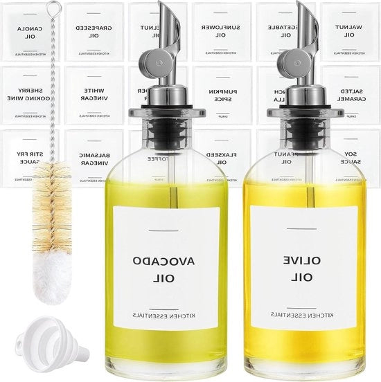 Dispensatore di Olio d'Oliva in Vetro - Fusto di Olio con Bocchetta per Salsa, Caffè, Sciroppo - Set da 2 Argento