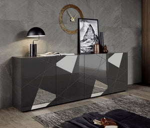 Madia Design Moderno 4 Ante con Serigrafie e Specchi Vittoria 241x42x84 cm Grigio Laccato Lucido