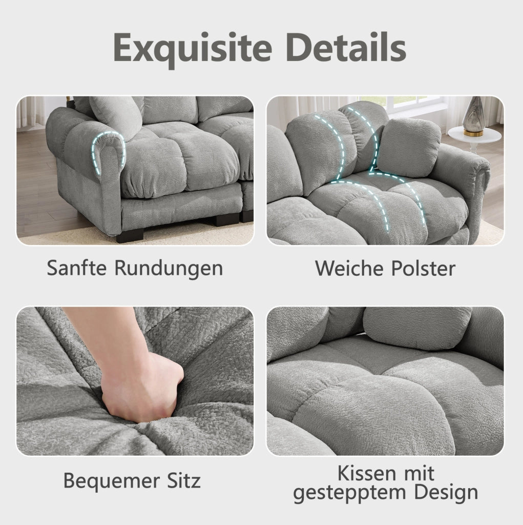 Divano angolare modulare 4 posti in ciniglia; con pouf mobile; grigio chiaro