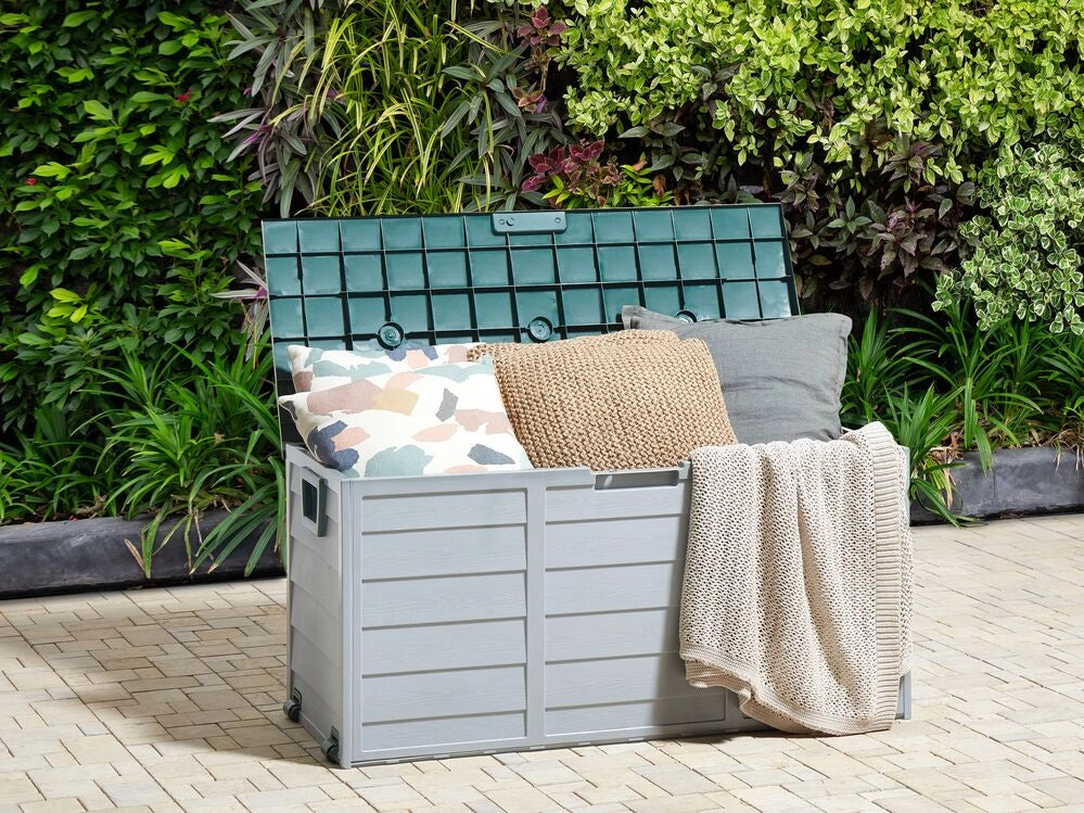 Cesta baule portaoggetti da giardino in plastica grigio nera 112 x 50 cm con manici ruote Cassetta degli attrezzi da esterno