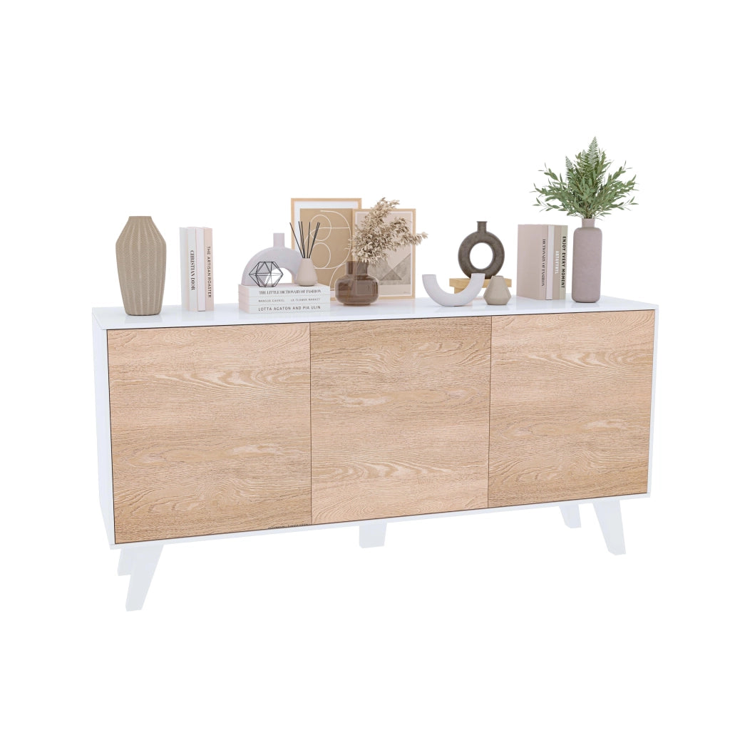 Credenza Mobile Mobiletto Soggiorno Salotto Ingresso Sala da Pranzo 3 Ante 154 x 41 x 75 cm Colore Bianco Lucido Rovere Chiaro