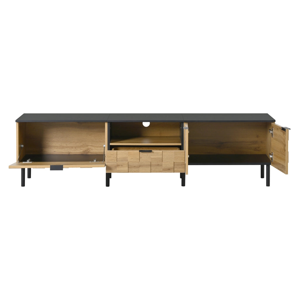 Mobile porta TV con 2 ante, 1 cassetto e vano aperto, design mosaico, in truciolato, naturale, 170 × 35 × 44,5 cm