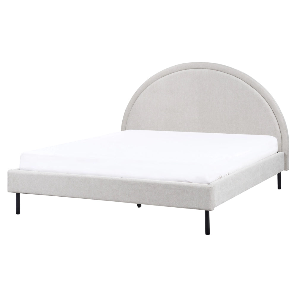 Letto matrimoniale in tessuto grigio imbottito con base a doghe e testiera rotonda 160 x 200 cm minimalista retrò