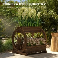 Fioriera in Legno da Esterno a 2 Livelli con 3 Vasi e Ruote di Carro Stile Country, 64x54x60cm