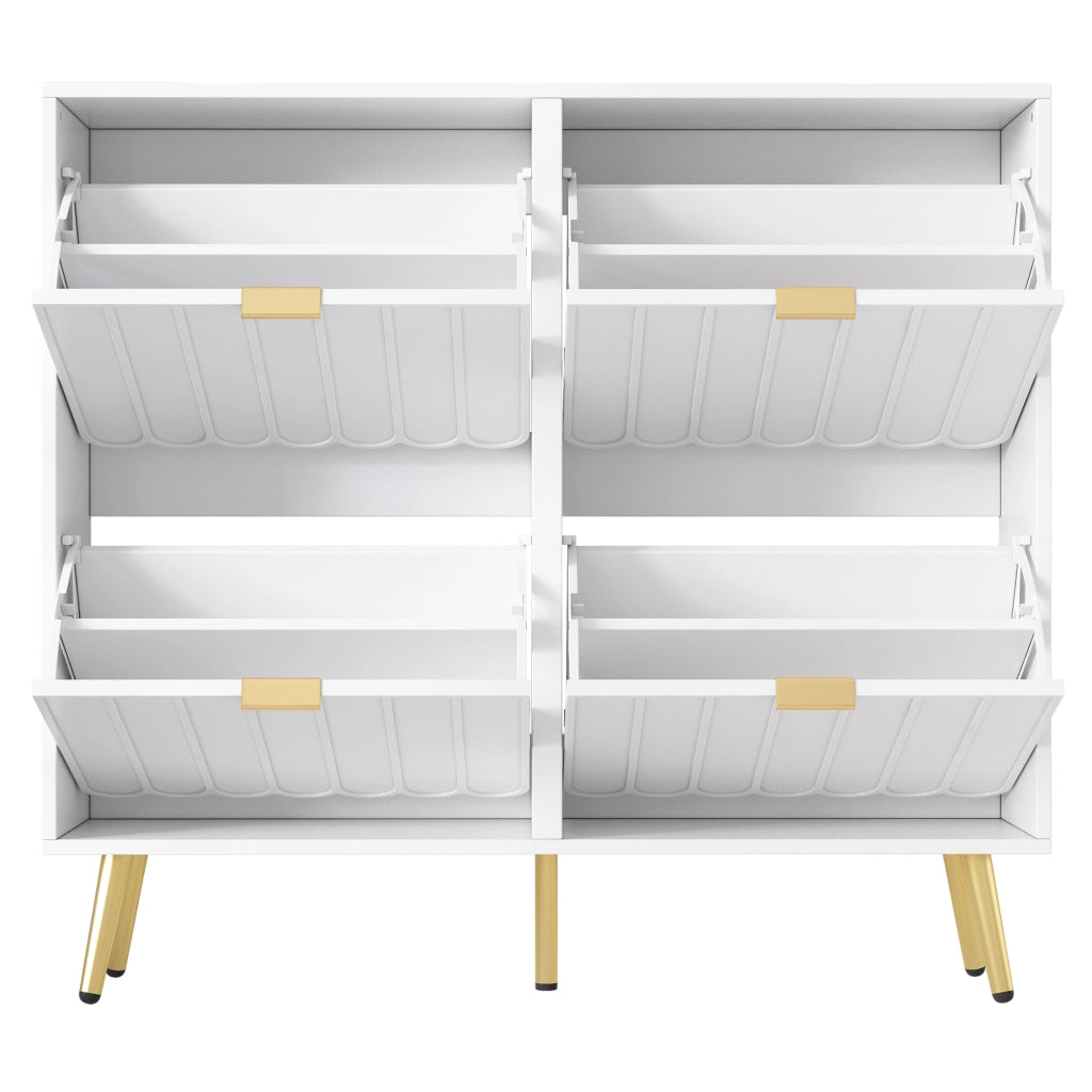 Scarpiera con 4 ante e vani regolabili, design moderno con frontali ondulati, per ingresso, bianco, 100 × 24 × 91.5 cm