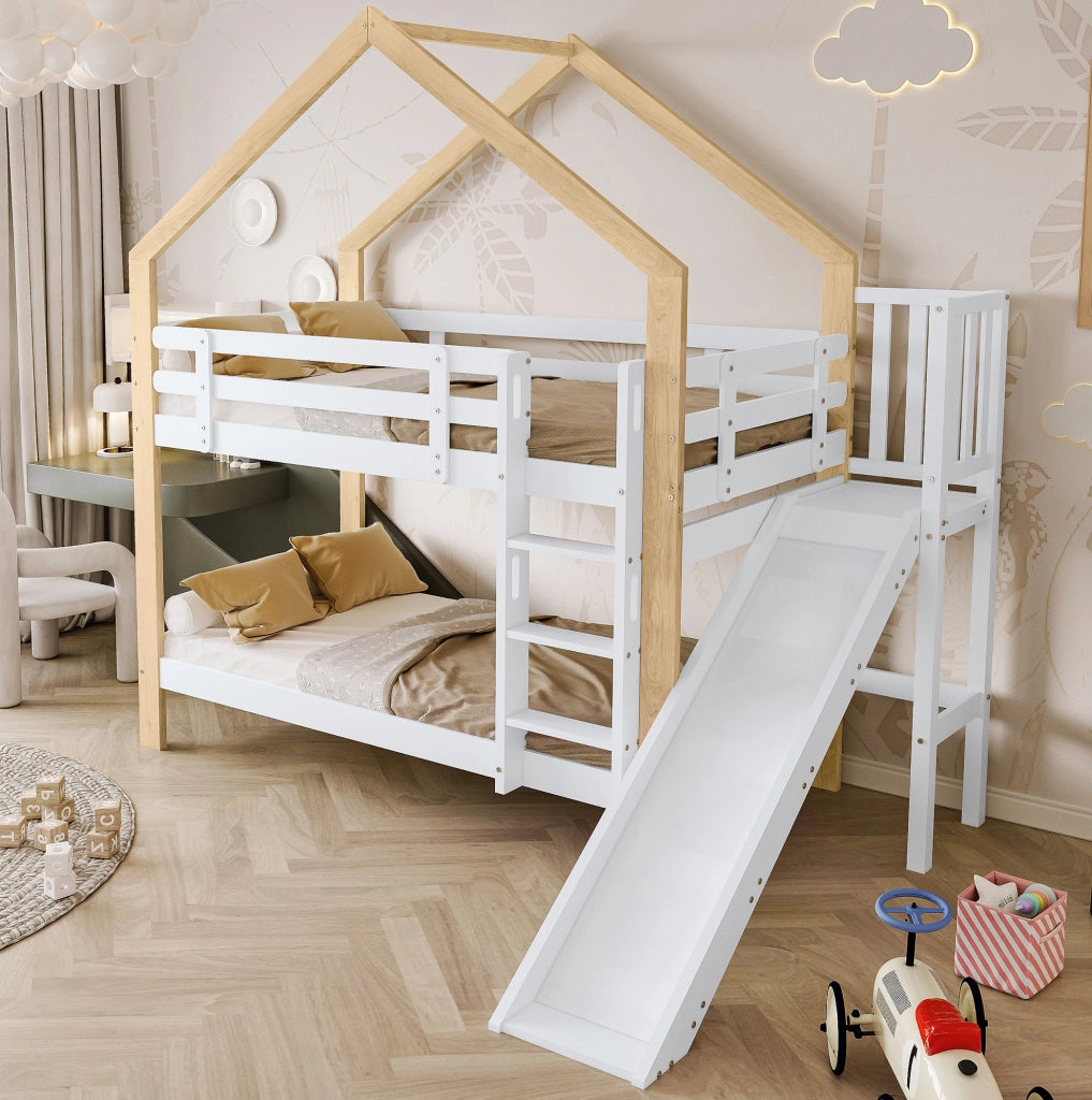 Letto a castello 90x200 cm con scivolo e scala in legno e MDF bianco