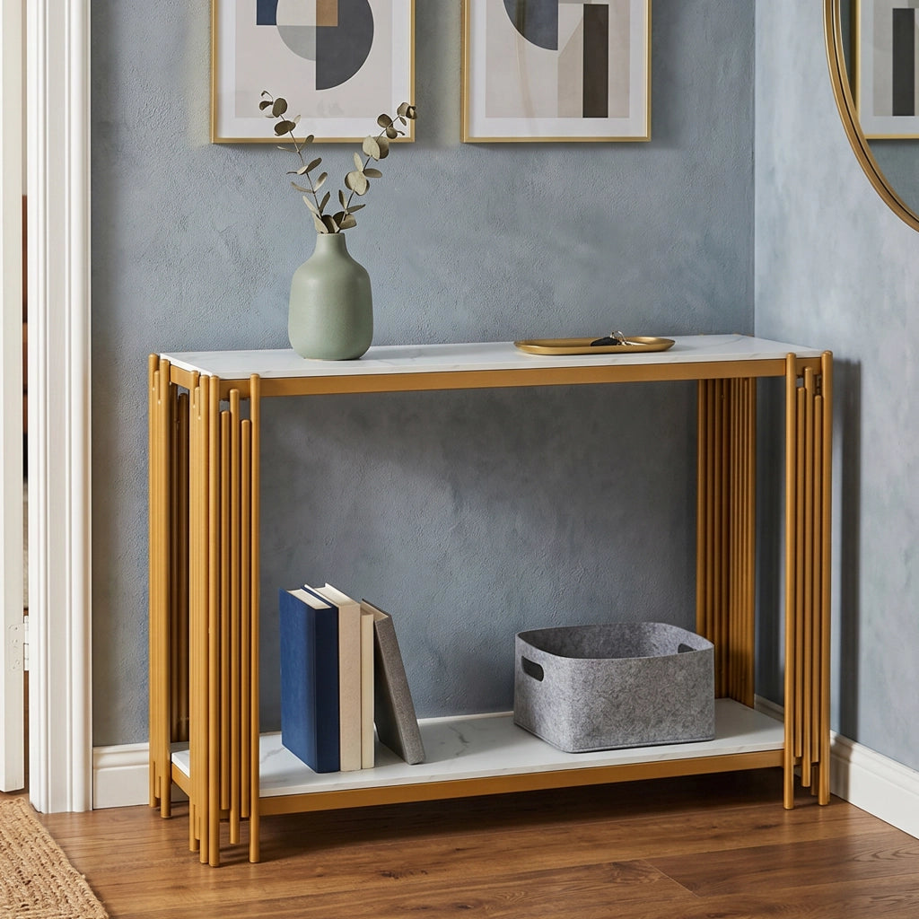 Consolle con 2 ripiani, effetto marmo, in MDF e metallo dorato, per ingresso e soggiorno, 123,5 × 33,5 × 80 cm