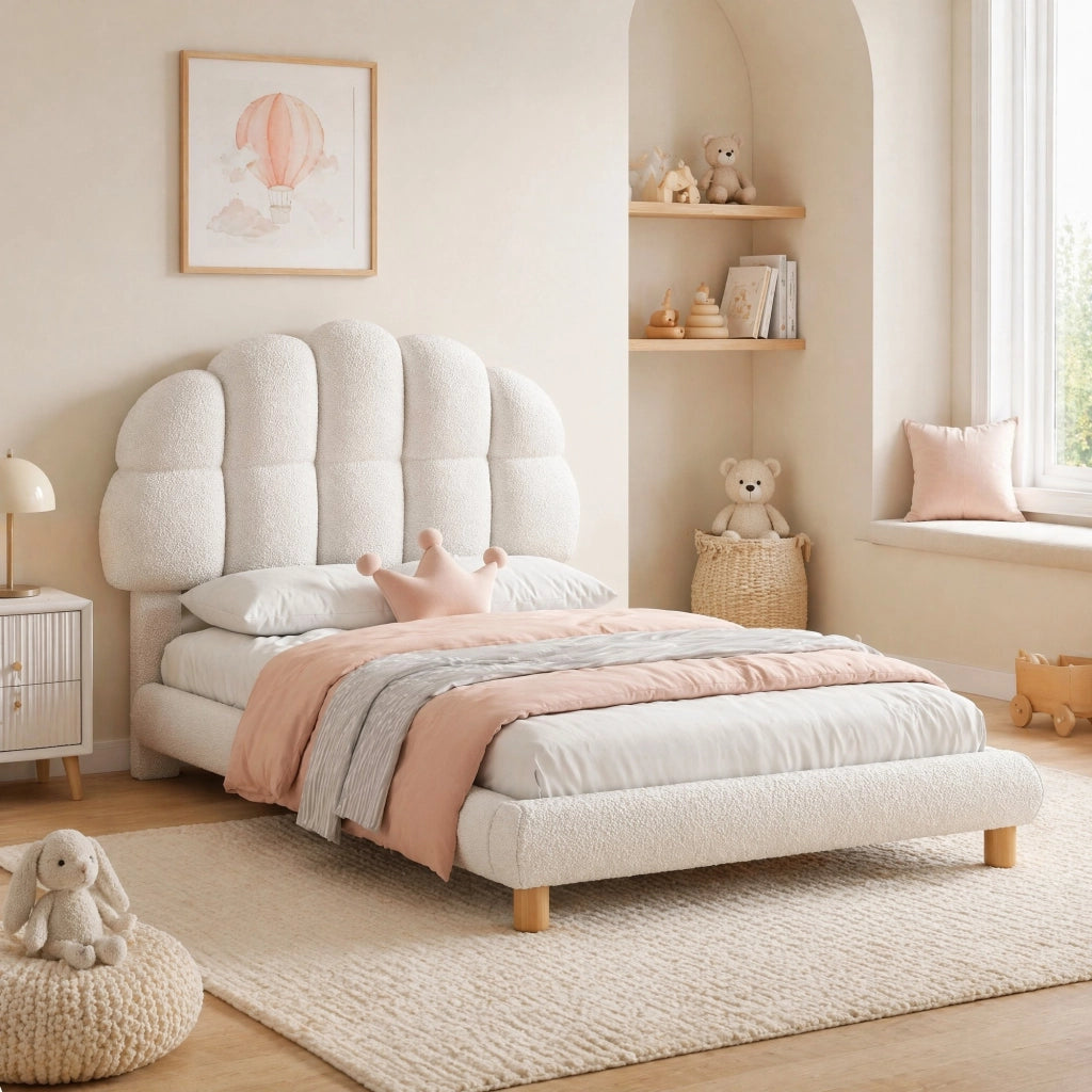 Letto singolo imbottito 90x200 cm, testiera semicircolare, struttura in MDF e rete a doghe, bianco
