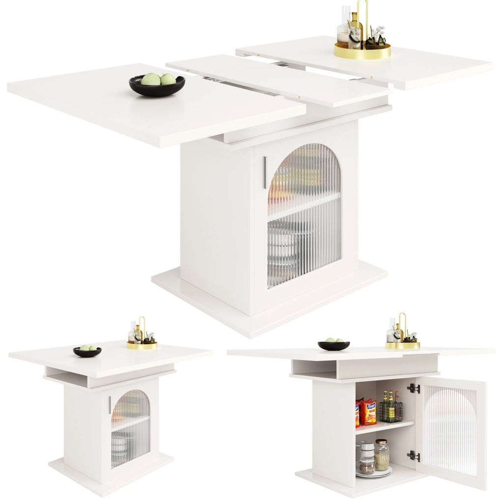 Tavolo da pranzo allungabile per 6-8 persone con 3 ripiani e ante in vetro, in MDF e vetro, bianco, 110 × 80 × 76 cm