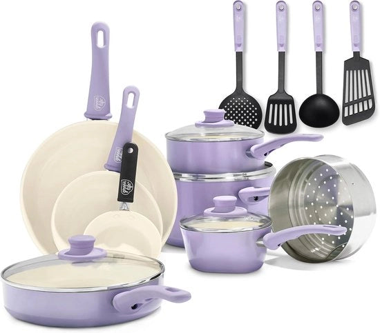 Set di rivestimenti ceramici antisudanti per padelle 16 pezzi con padella di ghisa e padella di acciaio - senza PFAS e lavabile in forno a vapore