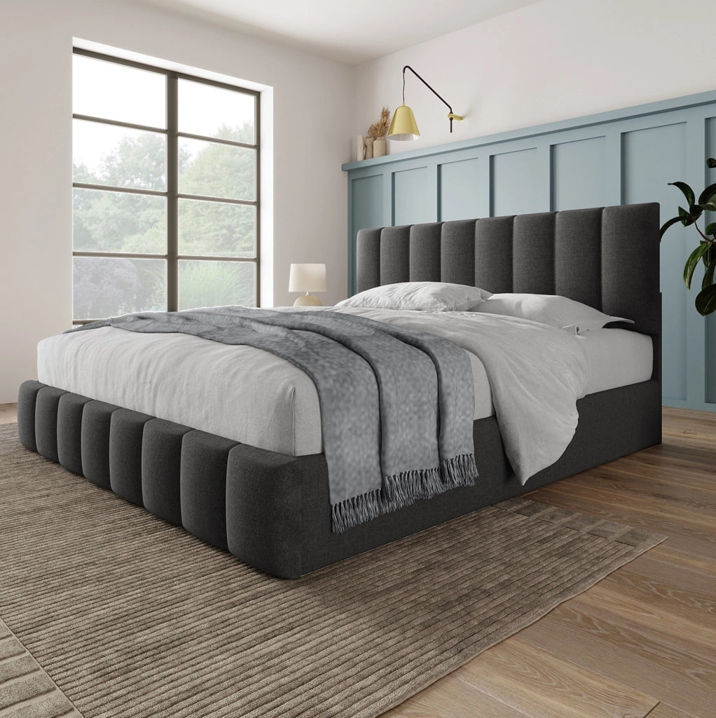 Letto matrimoniale imbottito 140x200 cm con contenitore, grigio
