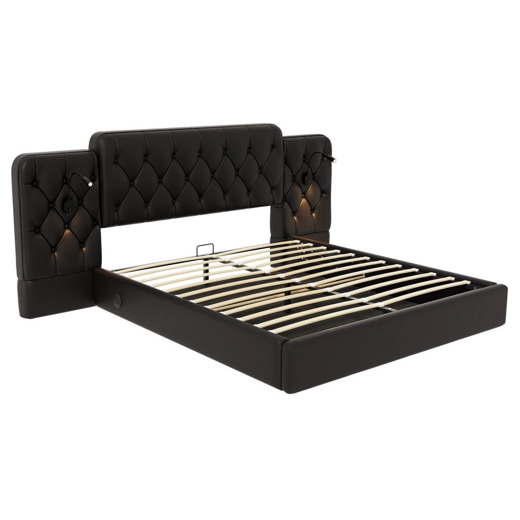 Letto matrimoniale 160x200 cm in PU nero con testiera allungata, luci da lettura, porte USB e contenitore