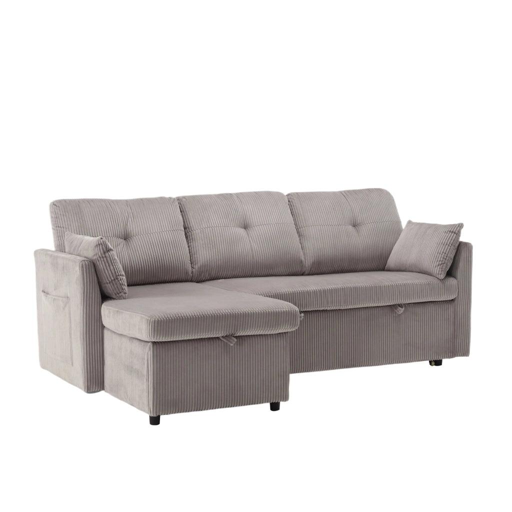 Divano letto modulare con chaise longue reversibile, contenitore e tessuto in corduroy grigio chiaro