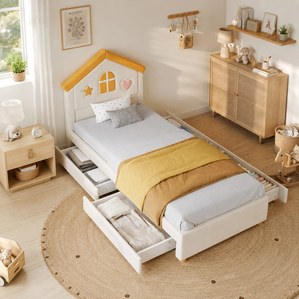 Letto per bambini 90 × 200 cm a casetta imbottito con 4 cassetti, senza materasso, in velluto, beige