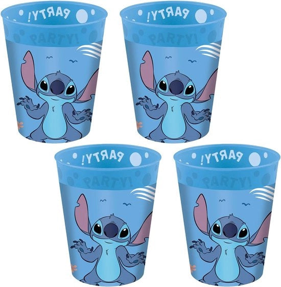 Set di 4 Bicchieri in Plastica Riciclabili Disney Stitch & Angel - Servizio da Tavola da Unicità per Feste per Bambini o Tematiche