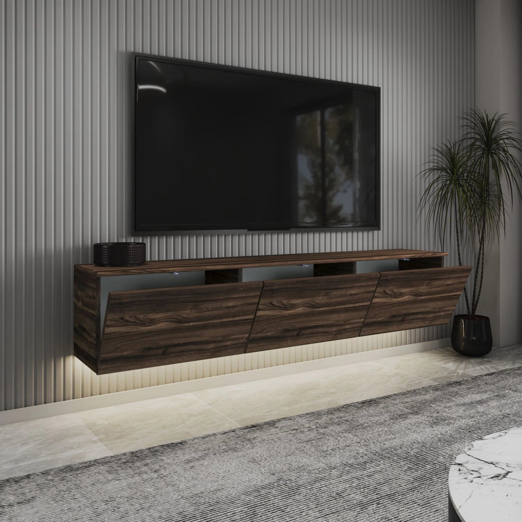 Porta TV sospeso in legno "Neon" con illuminazione a LED - 160 x 32 x 35 cm - Marrone