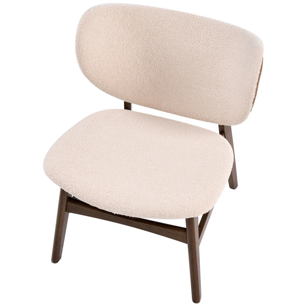 Poltrona in tessuto bouclé di poliestere marrone e beige chiaro, con gambe in legno di gomma, stile retrò tradizionale