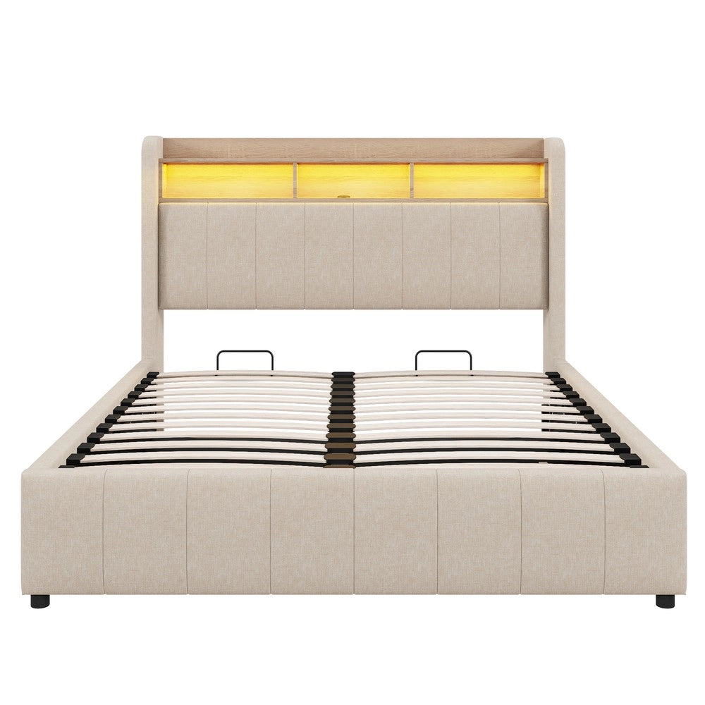 Letto Imbottito Contenitore 160x200 ¨C Xylo ¨C Tessuto Beige, LED, USB, Idraulico