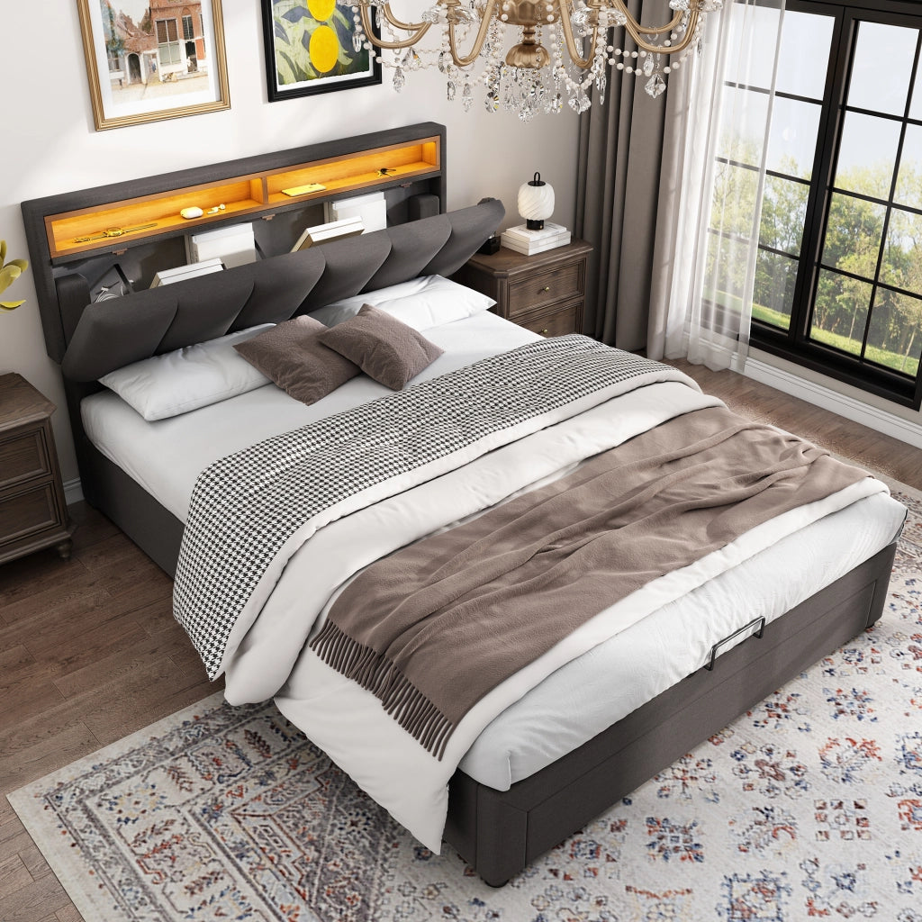 Letto imbottito 140x200 cm grigio con LED, rete a doghe, vano contenitore sottoletto e struttura in MDF