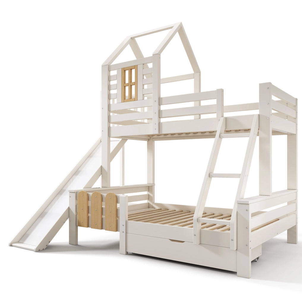 Letto a castello con scivolo, scala e cassetto contenitore