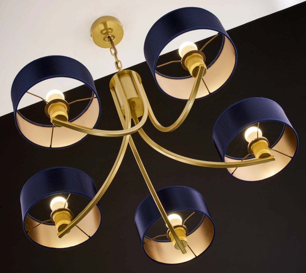Lampadario oro a catena, paralumi blu 5xE27 Arthur Jupiter