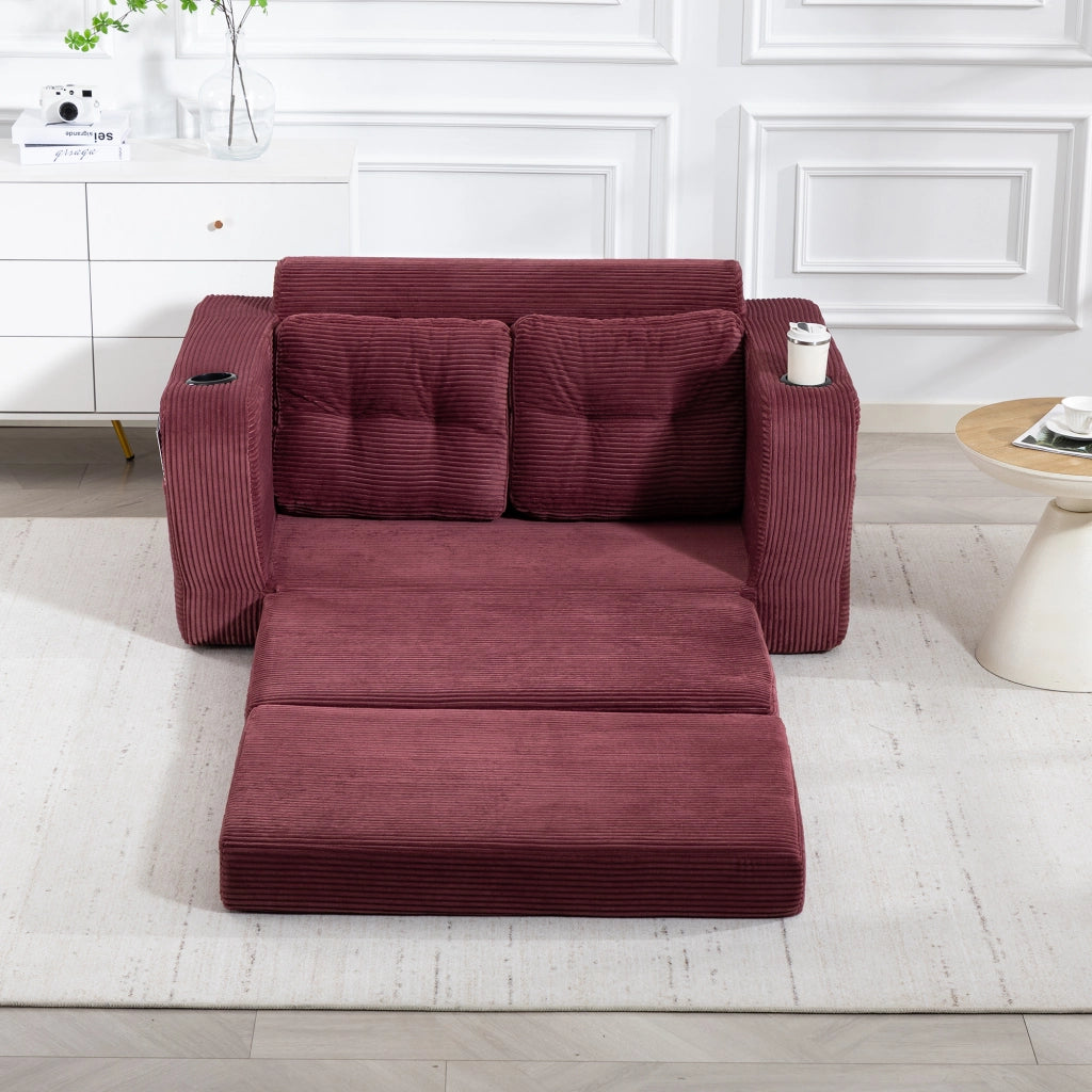 Divano modulare a 2 posti in velluto a coste con portabicchieri e tasche laterali, con cuscini, rosso vino 136 × 80 × 82,5 cm