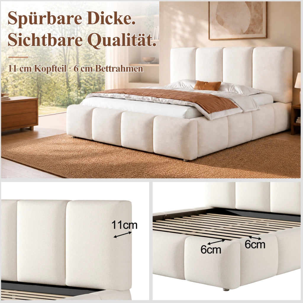 LETTO Contenitore Idraulico 160x200 cm Bouclé Bianco con Rete a Doghe