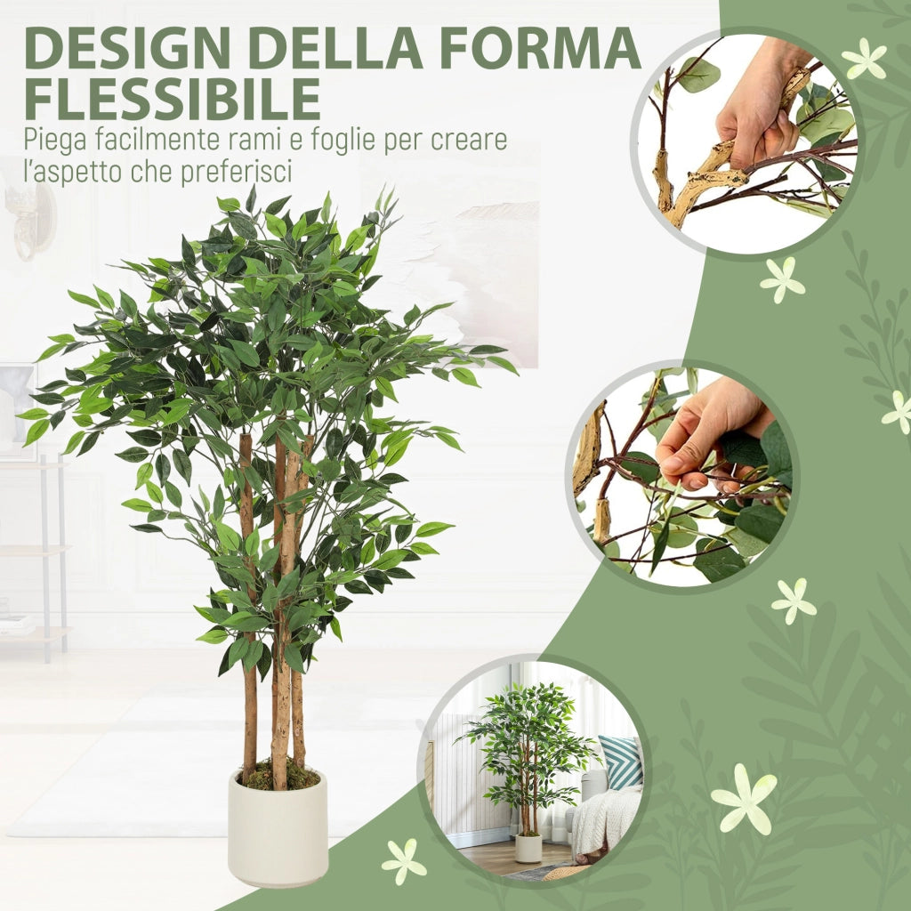Pianta Artificiale di Baniano Verde in PEVA e Legno con Vaso Contenitore in PP e Cemento, 55x55x120 cm
